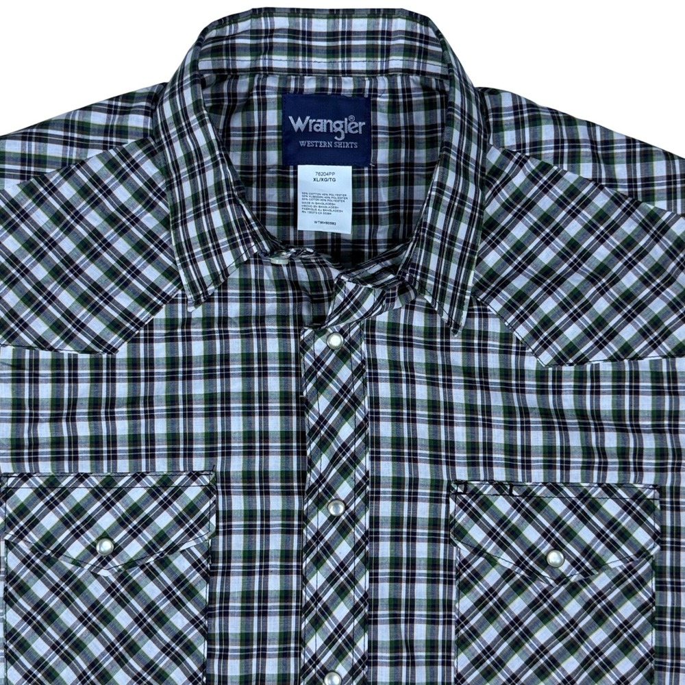 Wrangler Western‎ Shirt Mens XL Plaid Short Sleeve Pearl Snap Green White